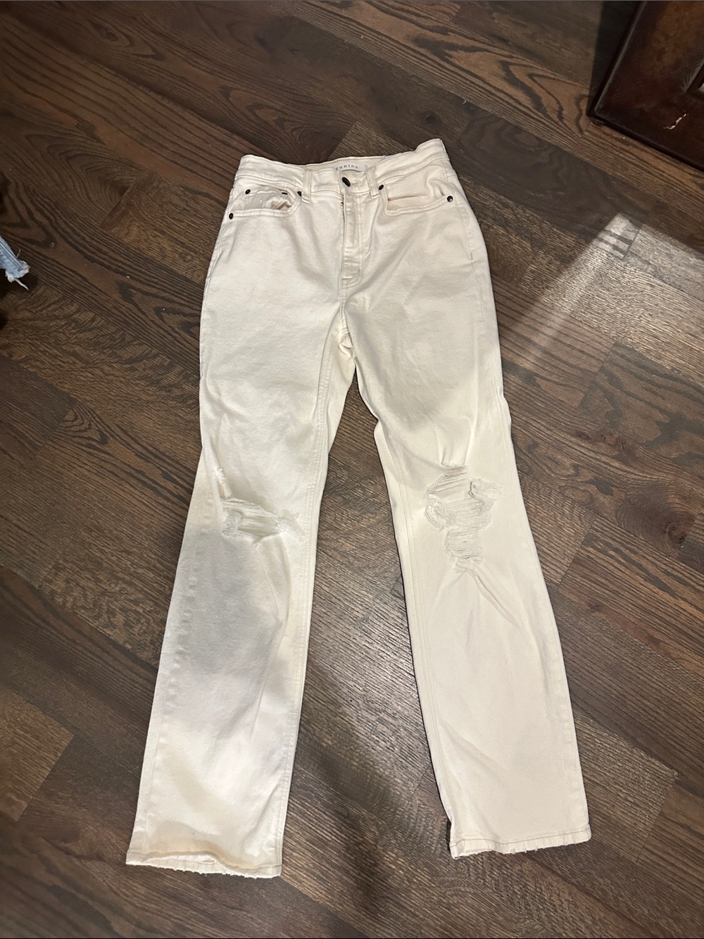 eunina Cream Distressed Straight Leg Jeans